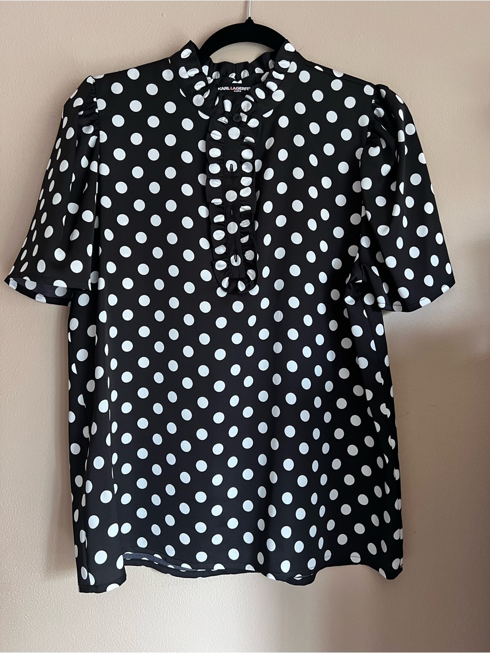 Karl Lagerfeld Black and White Polka Dot Ruffled Short-Sleeve Shirt